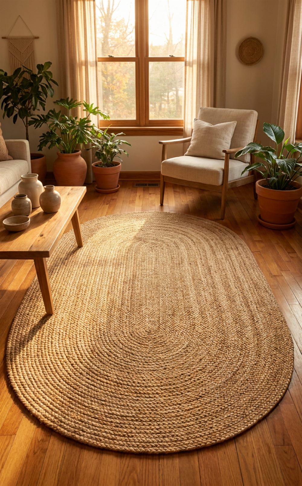 Natural braided jute rug in a warm organic interior