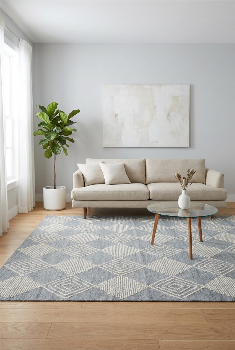 Contemporary flat weave rug in a bright refined interior