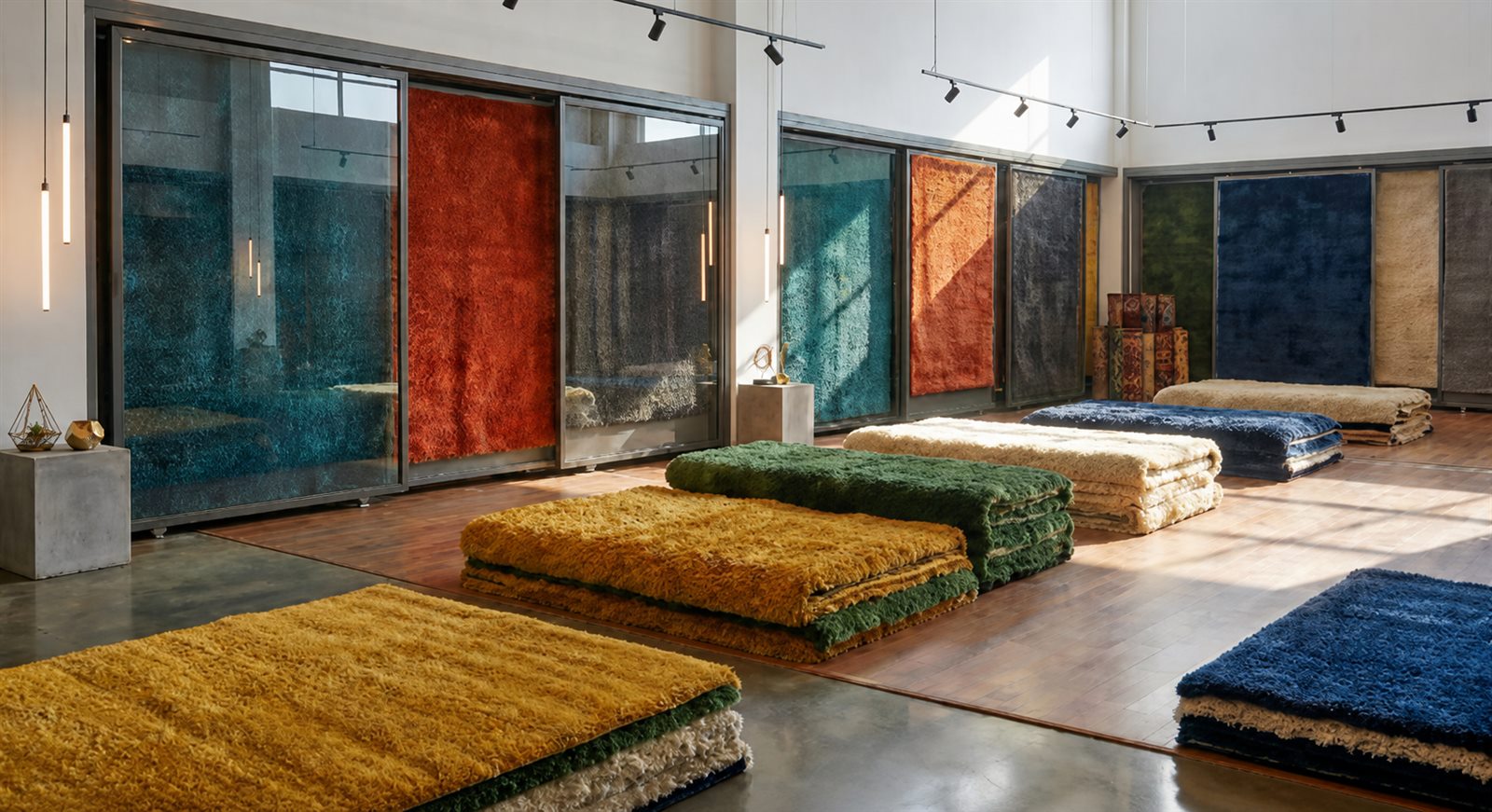 Rugs displayed inside the APCO Bhadohi factory showroom